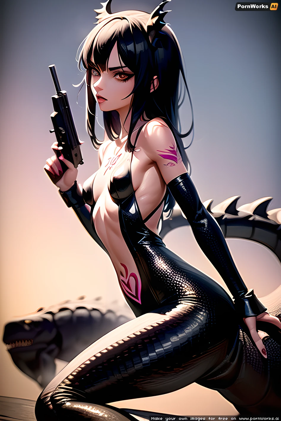 18 years old goth girl, anorexia, very thin, very thin waist, best quality, ultra-detailed, masterpiece, finely detail, highres, highly detailed face, (highly detailed eyes:1.3), 8k wallpaper, (in full height:1.3), (a girl is ride astride a dinosaur:1.5), (a girl holds a machinegun in her hands:1.5), (tattoo:1.5), naked vagina, naked breasts