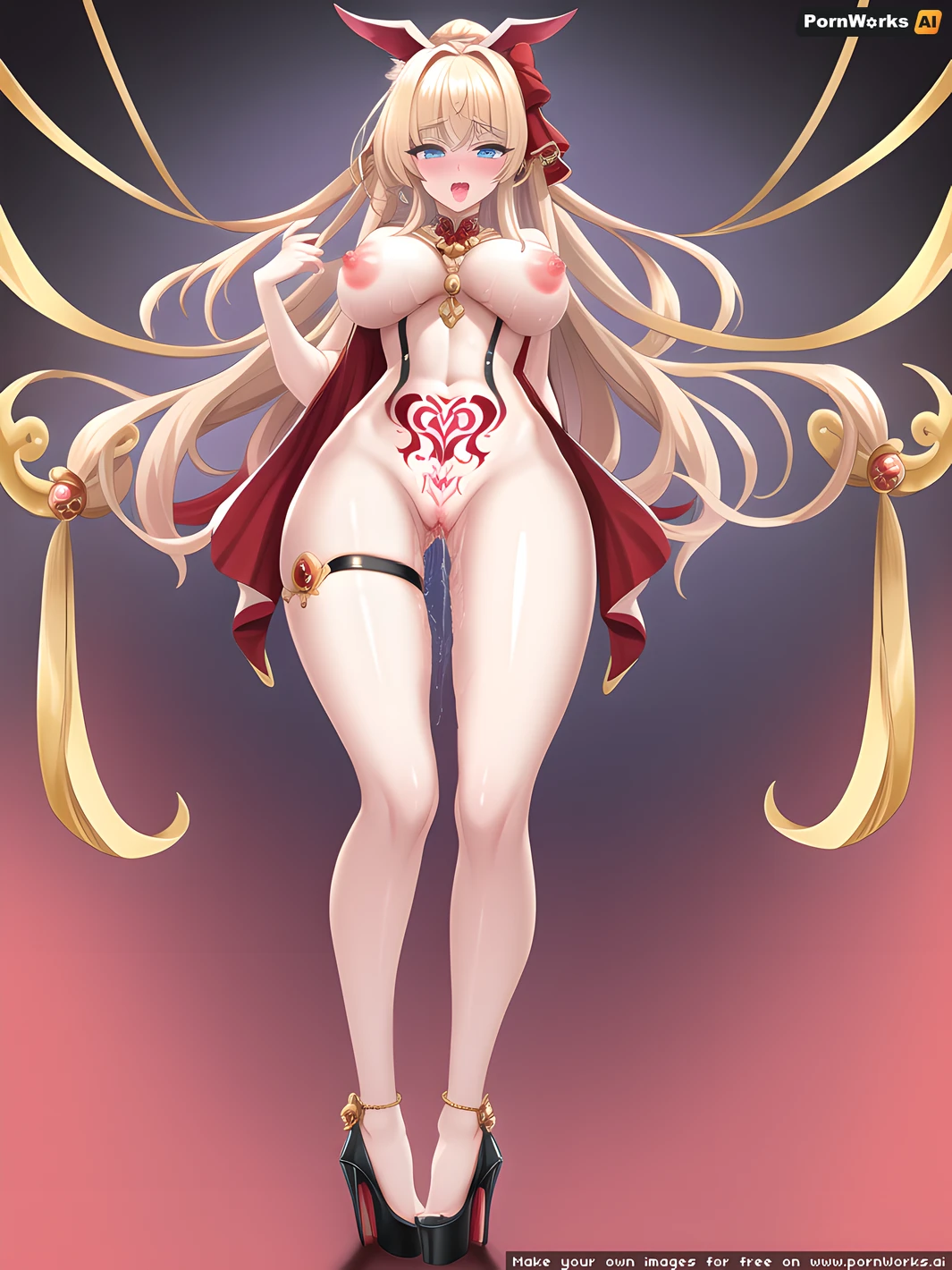 A imagem pornô gerada pela AI é uma foto realista e ultra-realista de uma mulher com características do corpo simétrico, incluindo cintura fina, figura de ampulheta e seios completos. Seu colar de ouro e brincos acrescentam à sensualidade da foto